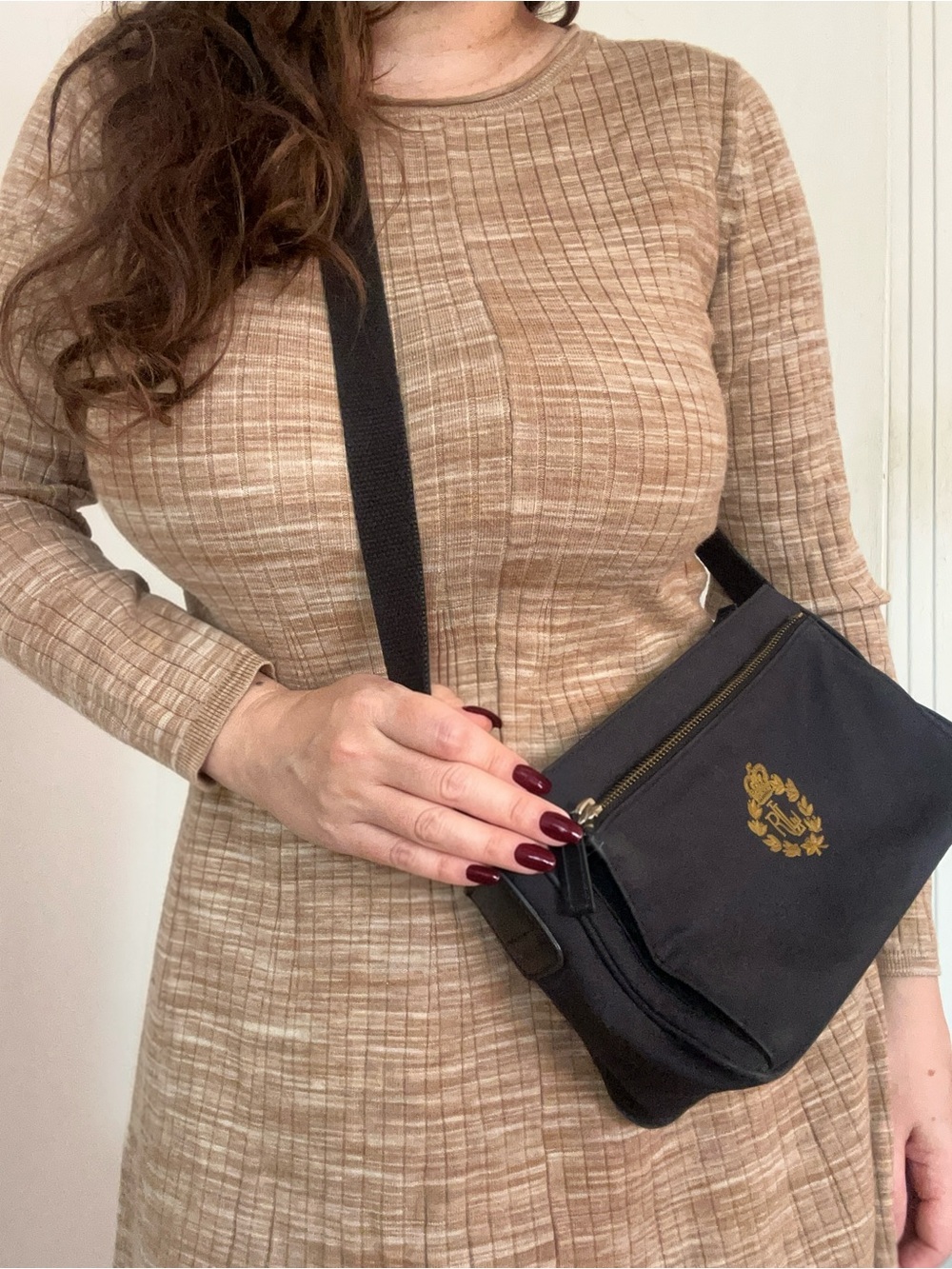 Ralph Lauren Vintage Y2K Navy Crossbody Bag with Gold Crest Embroidery